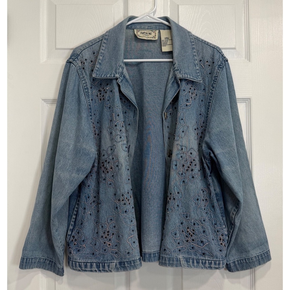 Tantrums Womens L Embroidered Denim Jacket Floral Beaded Blue Vintage Y2K